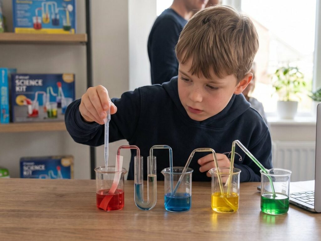 A child running a coloured liquid experiment