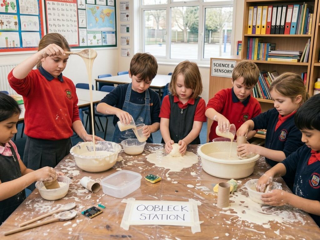 Children running crater impact experiments at a crater station