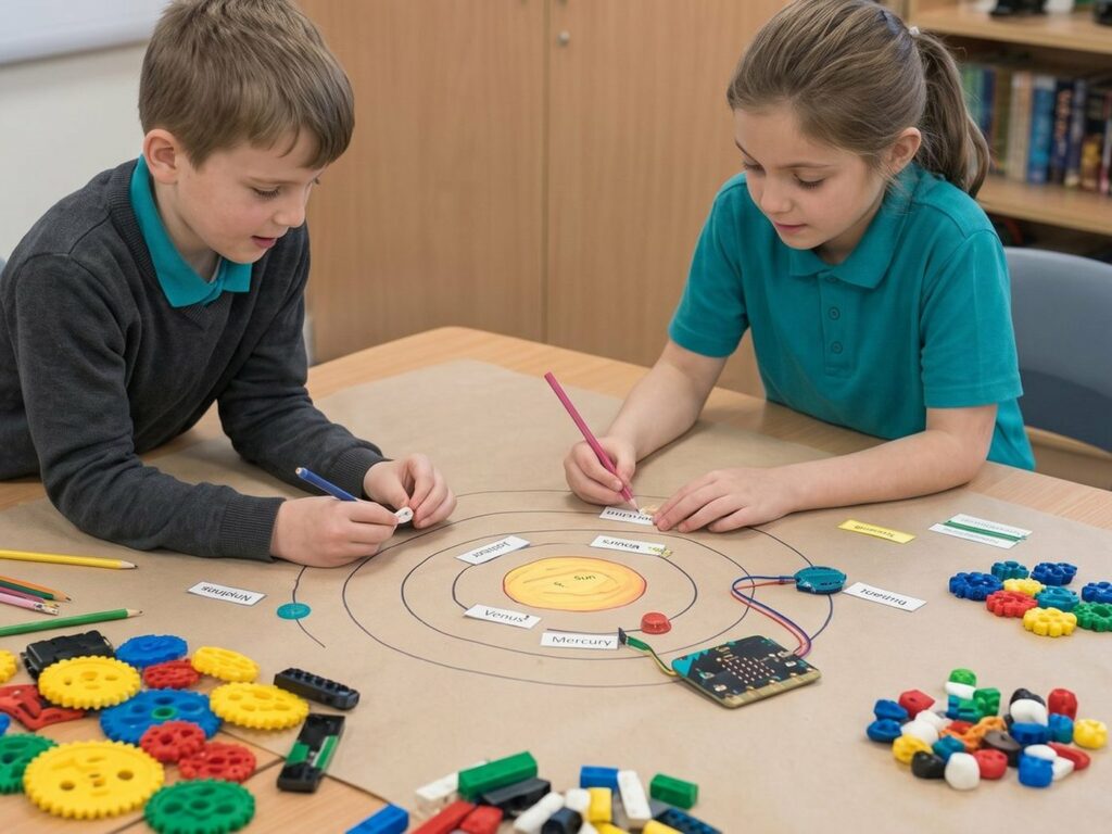 Two children planning a lander build with components