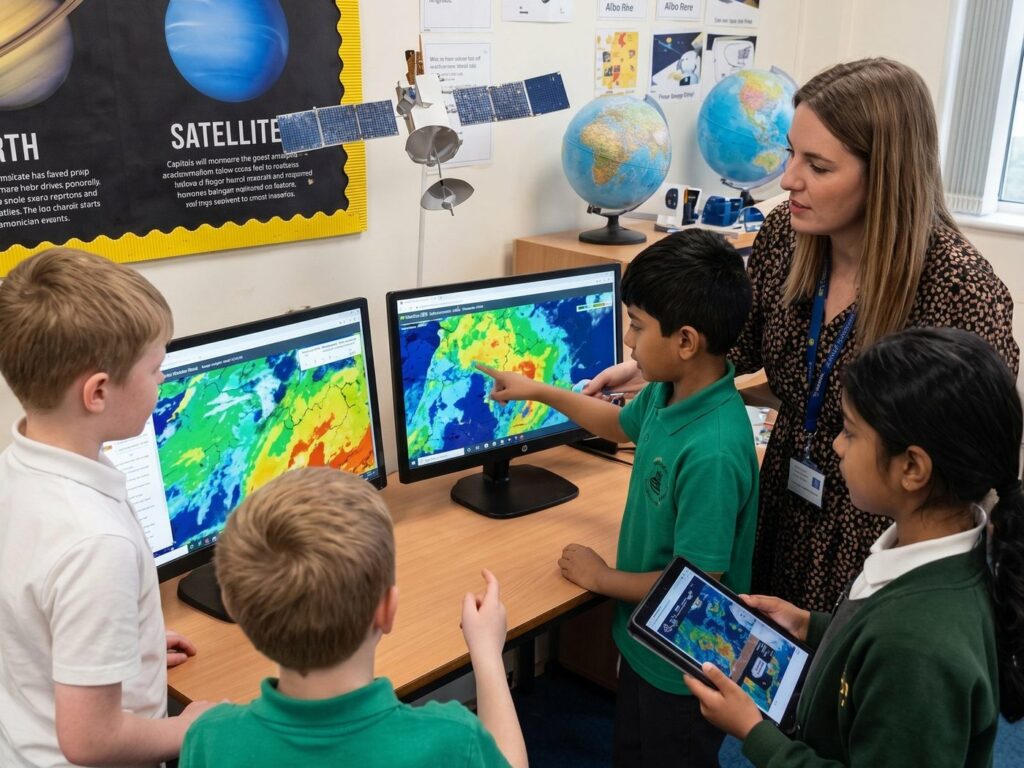Children working at computers under a satellite poster