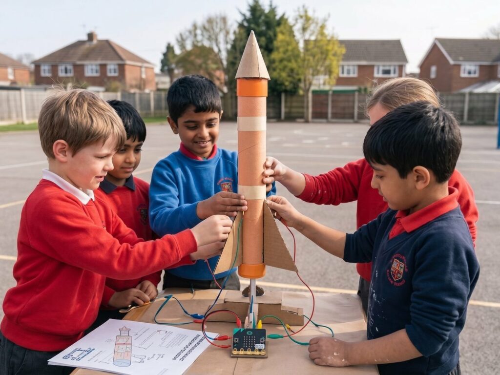 Children holding a large model rocket outdoors