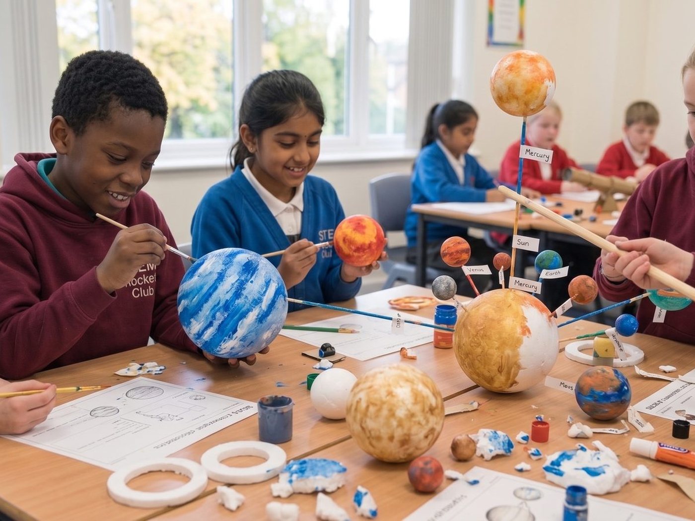 Blog Children painting model planets in a workshop