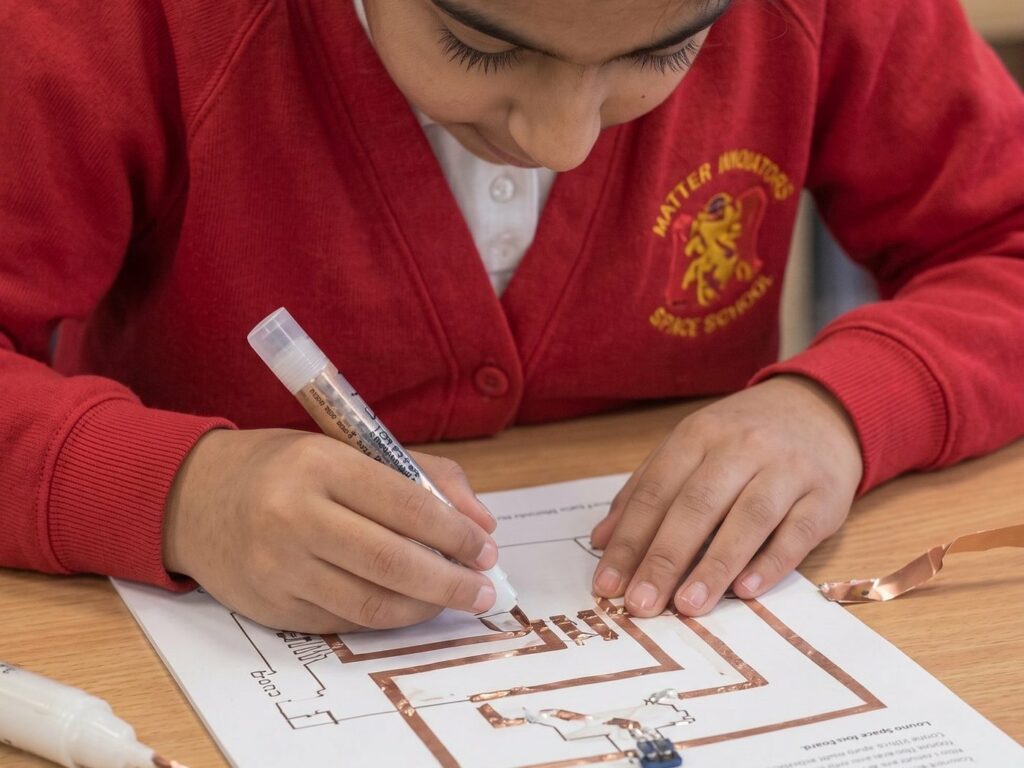 A child drawing a working circuit on a Louno Space board
