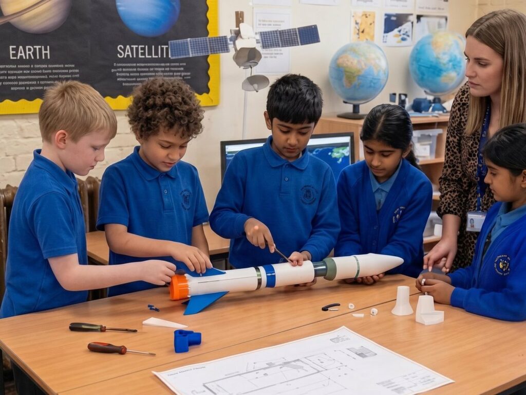 Children building model rockets with a Mission Specialist