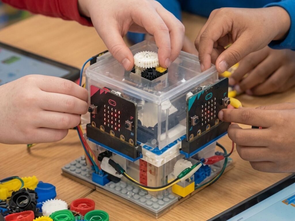 Close-up of a child wiring a micro:bit into a build
