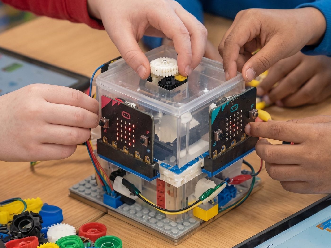 Blog Close-up of a child wiring a micro:bit into a build