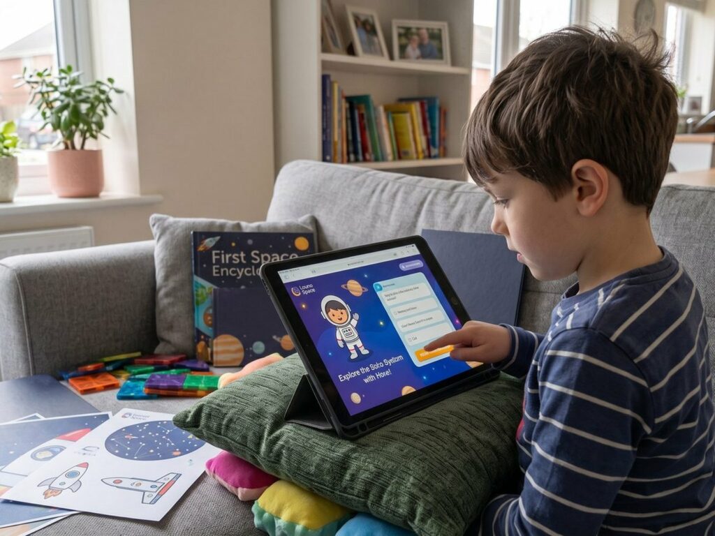 A child using the Nova app on a tablet at home
