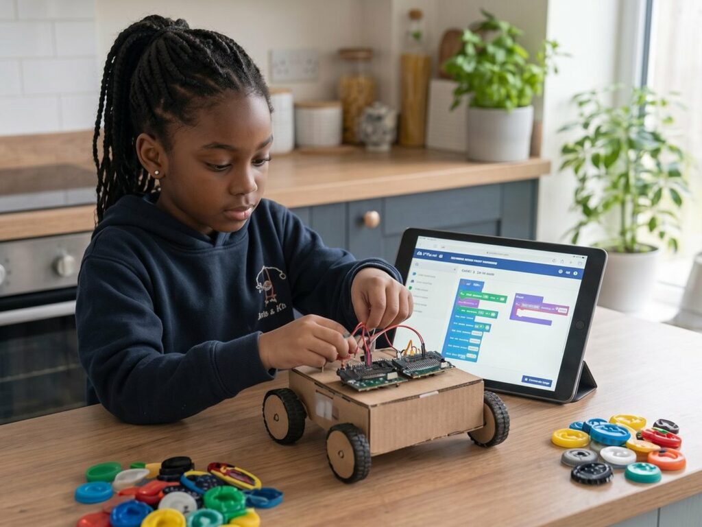 A child testing a programmable rover