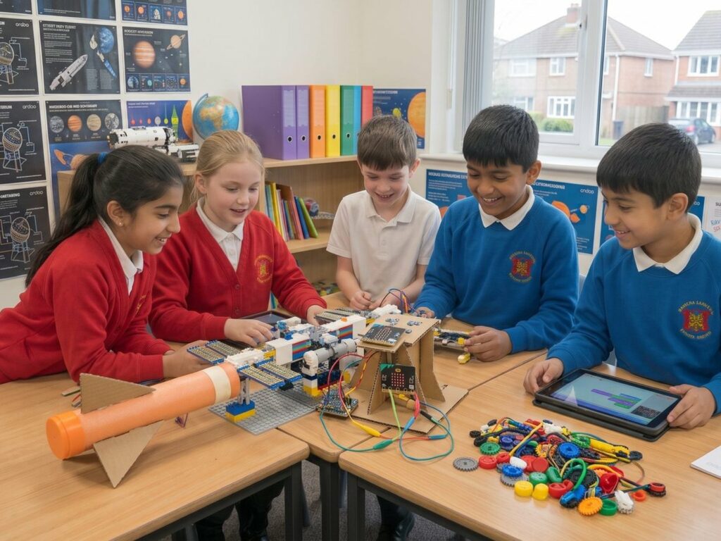 A crew of children mid-build at a Space Club session