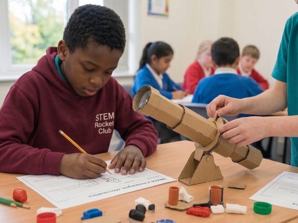 Two children constructing a cardboard lander