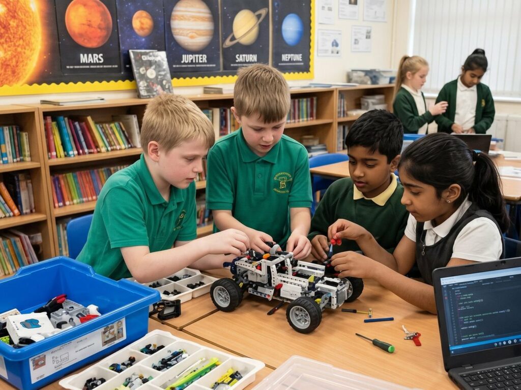 Children programming robots at a club night