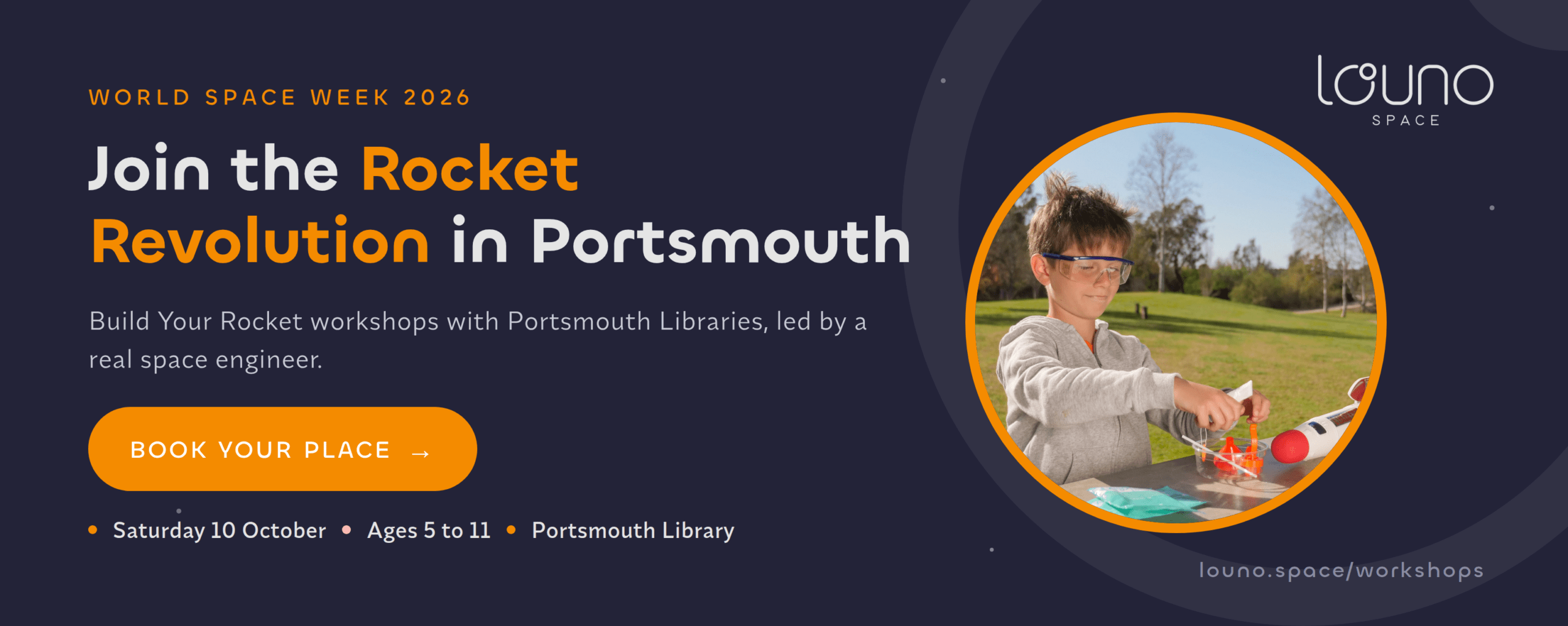 A child launching a model rocket outdoors. Join the Rocket Revolution in Portsmouth: Build Your Rocket, Saturday 10 October, ages 5 to 11.