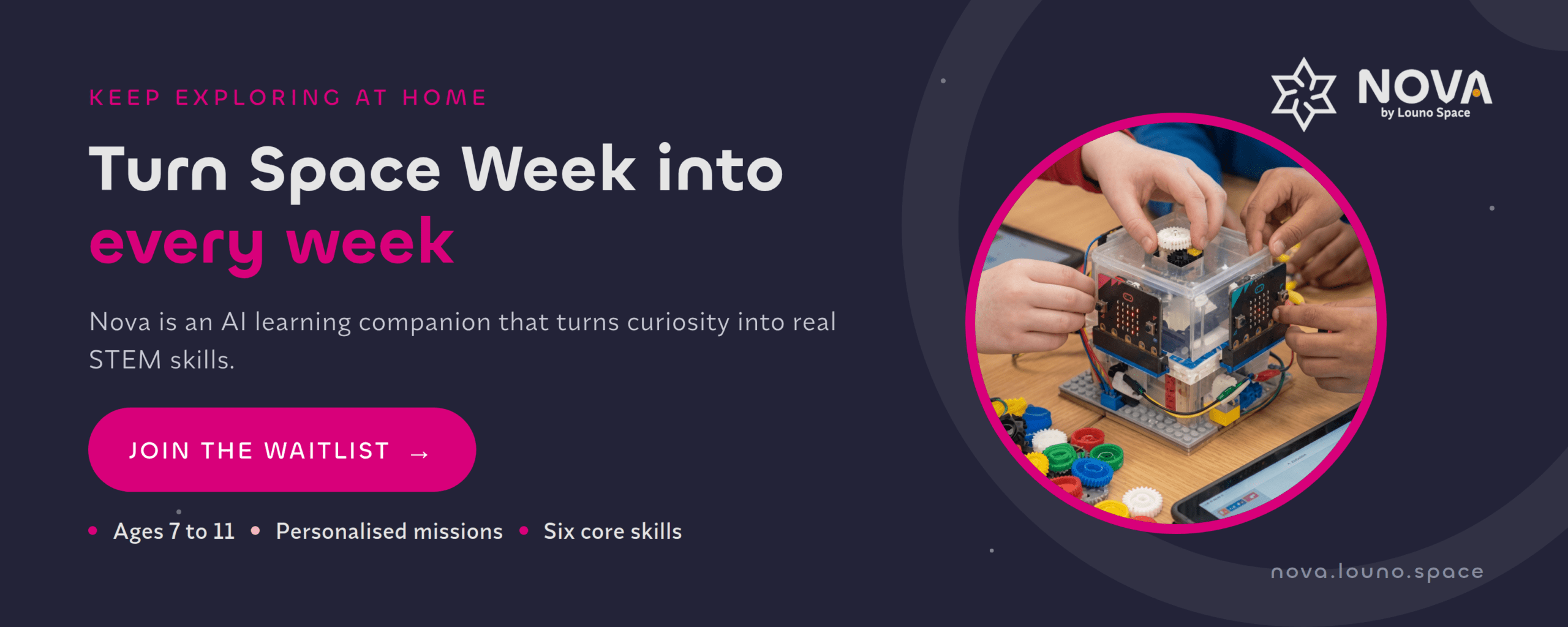 Children building a micro:bit robot. Nova by Louno Space: an AI learning companion that turns curiosity into real STEM skills, ages 7 to 11.