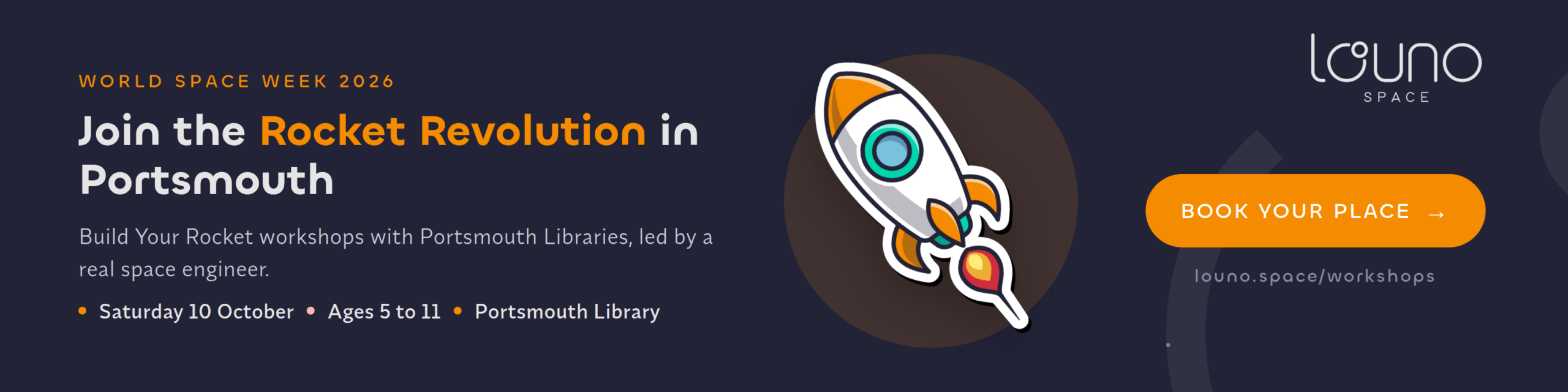 Rocket illustration with Build Your Rocket workshop details: Saturday 10 October, ages 5 to 11, Portsmouth Library.